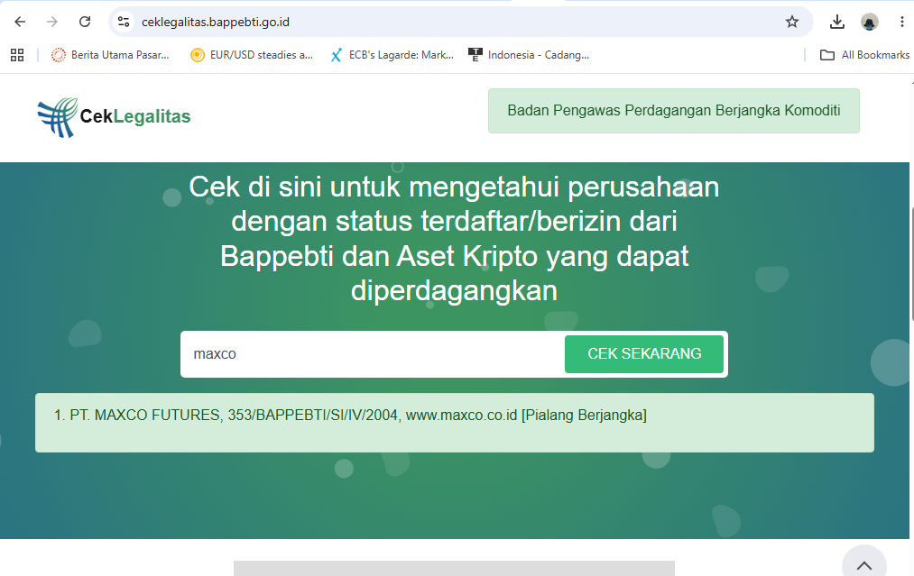 cek legalitas maxco futures bappebti 353/BAPPEBTI/SI/IV/2004 terbaru 2026